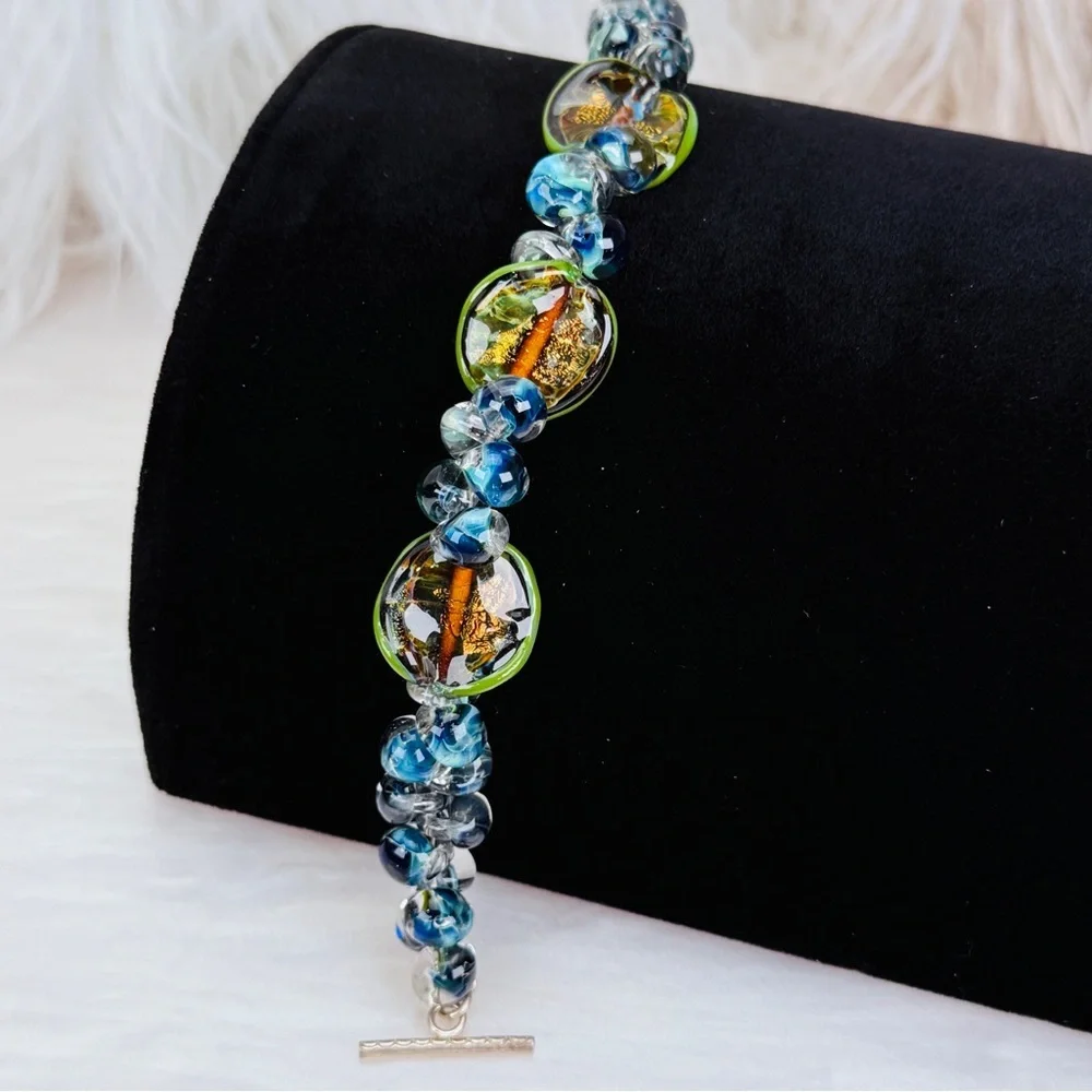 Gorgeous, Bohemian chic colorful, blue green, Earth tone toggle closure bracelet